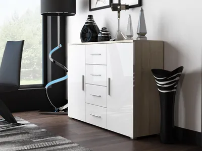 Produktbild von Furniture24 Kommode Soho S-8 Modernes Wohnzimmer Sonoma Eiche / Weiß Hochglanz