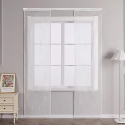 Produktbild von Joyswahl 2er Set Schiebegardinen mit Klettband Modern Flächenvorhänge mit Wellenperlenmuster Stickerei Voile Schiebevorhang BxH 57x225cm Transparent Weiß Gardine 2 Stück