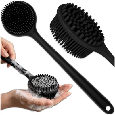 Obrázok produktu pre KRUMAD Silikónová kefa na chrbát do sprchy, masážna a čistiaca kefa na telo s dlhou rukoväťou (37,4 cm), dvojstranná sprchová kefa, mäkký silikón, Obrázok generovaný UI