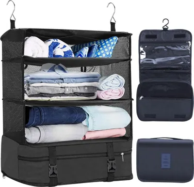 Produktbild von Koffer-Organizer, hängend, faltbar, mit Kosmetiktasche, 2-teilig, tragbare Packbox, Hängetasche, Packbox zum Aufhängen, Aufbewahrungstasche für Koffer und Gepäck, schwarz