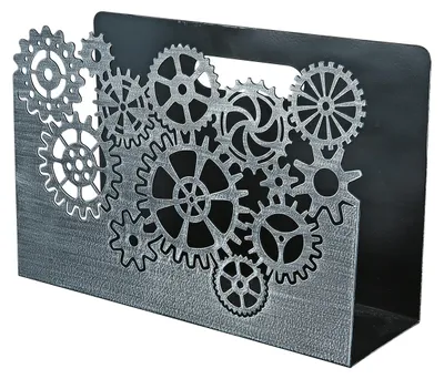 Zdjęcie produktu dla Stojak na gazety "Zębatki", motyw zębatek, metal, srebrny, zestaw 3 sztuk, szerokość: 30 cm, wysokość: 20 cm, głębokość: 10 cm, numer artykułu: 67600, kod kreskowy: 4063387676004