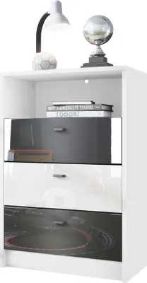 Produktbild von Vladon Kommode Pino V2 Fußball Bundesliga z. B. Sandhausen,  Germany, Kinderzimmer Anrichte in Weiß matt mit 3 Schubladen in Schwarz, Weiß & Schwarz Hochglanz inkl. LED (56 x 86,5 x 36 cm)