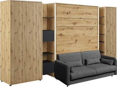 Produktbild von Schrankbett mit sofa Bed Concept 140x200 cm Lenart Led Beleuchtung Taschenfederkernmatratze Bett im Schrank Klapbett Artisan Eiche/Graphite