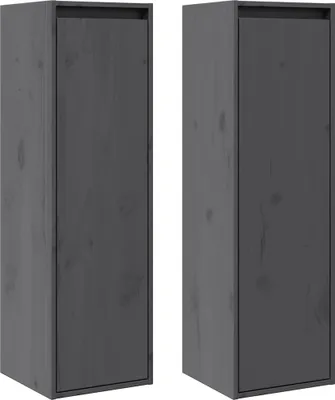 Two identical gray wooden cabinets are shown side-by-side against a white background.
