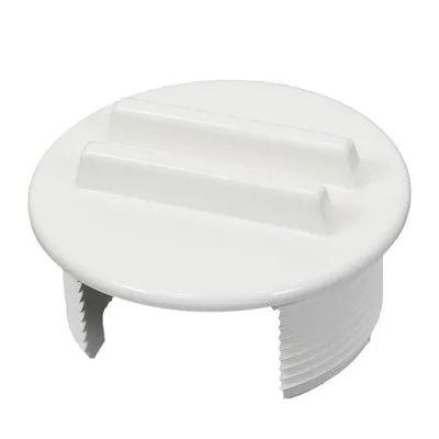 A white plastic cap with two raised ridges on top and threaded sides is shown against a white background.