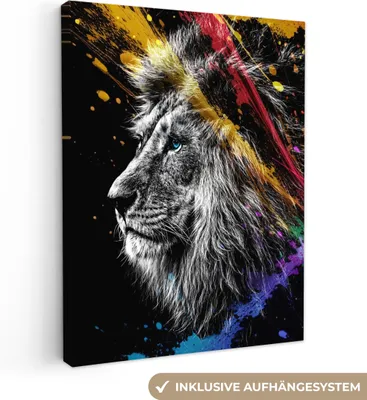 Produktbild von MuchoWow® - Leinwandbilder - Löwe - Graffiti - Schwarz - Neon - Tiere, Wandbild, Wanddeko Bilder Wohnzimmer, 90x120cm
