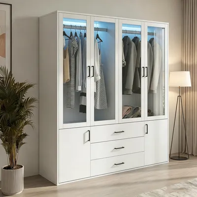 Produktbild von INONEFT Drehtürenschrank Kleiderschrank Schrank 160 cm mit LED und 6 Türen, Geräumiger Kleiderschrank mit 3 Schubladen und Metallgriffen, Weiß