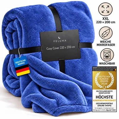 Produktbild von Feluna XXL Kuscheldecke 220 x 200 cm in Dunkelblau – Flauschige Wohndecke aus Korallenfleece mit Kaschmir-Feeling für Sofa & Bett