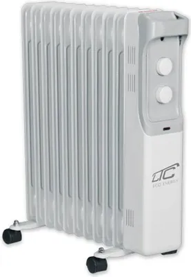 A white and gray electric oil heater with wheels.