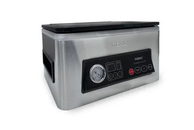 A stainless steel vacuum sealer with a black control panel and lid, shown from a three-quarter front angle against a white background.