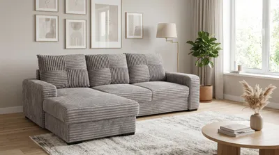 Produktbild von DOMI Ecksofa Latina L mit Schlaffunktion L-Form, Universal, Sofa mit Bettkasten, Wohnzimmersofa, Couch, Bett, Couchgarnitur - Grau, Tilia 86