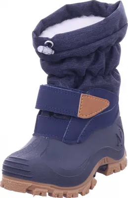 A single blue winter boot for children is shown against a white background.