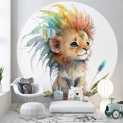 Produktbild von Runde/kreisf?rmige Tapete für Kinderzimmer – Lumaléa – L?wenjunges – Premium-Papier 185 g, abwaschbar – Durchmesser 90 cm