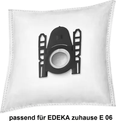 A white vacuum cleaner dust bag with a black plastic fitting.