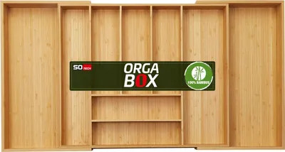 Produktbild von ORGA-BOX UNIVERSAL Besteckkasten aus Bambus verstellbar für Schrankbreite 700 - 900 mm, Höhe 65 mm bis 9 Fächer für Schubladentiefe 473 mm Innenmaß