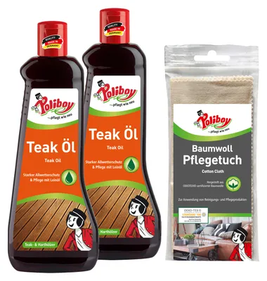 Produktbild von Poliboy 2er Teak Öl dunkel mit Baumwolltuch - für Harthölzer - intensive Farbauffrischung - reinigt, pflegt und schützt - 99A0801