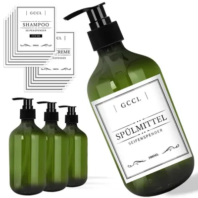 Produktbild von Seifenspender 4er Set 500 ml Leere Pumpflaschen Grün PET mit Etiketten und Trichter