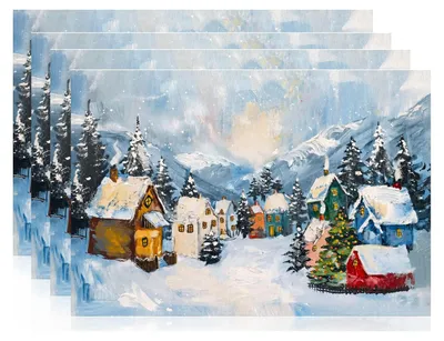 Platzsets Weihnachten, 4er-Set, Winterdorf, 30x45 cm, Leinen