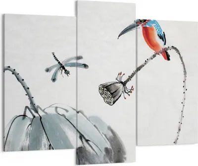 Produktbild von Bild auf Leinwand - Leinwandbild - 3 Teile - Libelle Vogel Blume - 130x100cm - Wand Bild - Wanddeko - Wandbilder - Leinwanddruck - Bilder - Wanddekoration - Leinwand bilder - Wandbild - CB130x100-4361