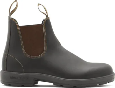 A single brown leather boot is shown against a white background.