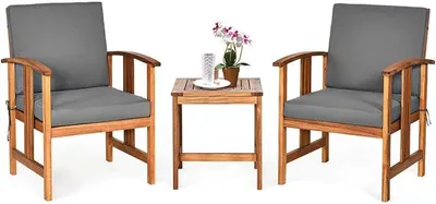 Imagen del producto de Juego de muebles de exterior de acacia para balcón, que incluye una mesa auxiliar y 2 sillas. Conjunto de 3 piezas para jardín o balcón, con 2 cojines para el asiento y 2 cojines para el respaldo