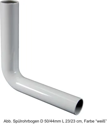 A white pipe fitting, specifically a spülrohrbogen (flush pipe bend), is shown against a white background.