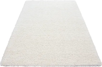 A close-up, angled view of a white shaggy rug.