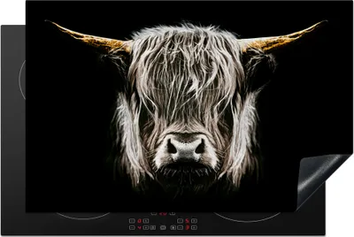 Produktbild von KitchenYeah© Herdabdeckplatte Schottischer Highlander - Gold - Hörner - Schwarz und weiß - Kuh - Tiere , 81x52cm, Küche Deko, Glaskeramikkochfeld Herdabdeckung, Abdeckplatte fùr Kochfeld