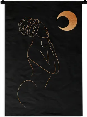 Produktbild von MuchoWow® Wandteppich Wandbehang Frau - Mond - Gold - Strichzeichnung 90x135 cm Tapisserie Dekoration Wandtuch - Baumwolle - Wandskulptur