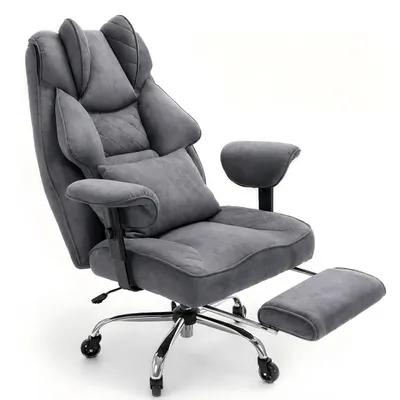 Produktbild von Ergonomischer Bürostuhl XXL mit Samtbezug, Fußstütze und Lendenkissen, höhenverstellbar, 360° drehbar, bis 200 kg, Grau