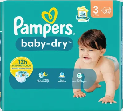 Obrázok produktu pre Pampers – plienky – Baby-Dry veľkosť 3 (6–10 kg) – 34 plienok – 1 kus