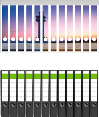 Produktbild von Wallario 12 Stück schmale Ordner inkl. Klebeetiketten mit Motive Leuchtturm am Abend auf den Balearen Malerischer Himmel -  Set mit Rückenschildern / Ordnerrücken Stickern