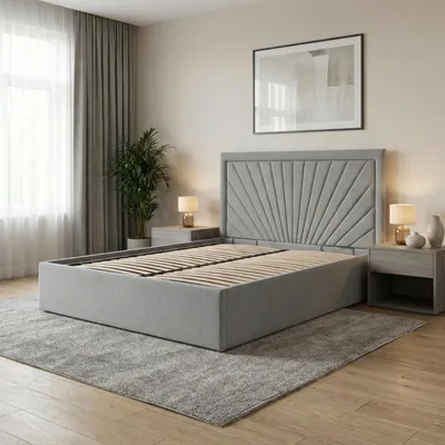Produktbild von Polsterbett VASTO 160x200 mit Holzlattenrost, Doppelbett ohne Bettkasten, stabiles Bettgestell Grau Geflecht
