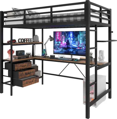 A loft bed with a desk and storage underneath, set against a white background.