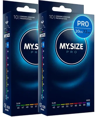 Obrázok produktu pre 20 ks kondómov MY.SIZE PRO 72 mm ELITE, veľkosť MEGA XL, vyrobené z vysoko čistého latexu Vytex s minimálnou vôňou, veľmi ľahko sa otvárajú a navíjajú