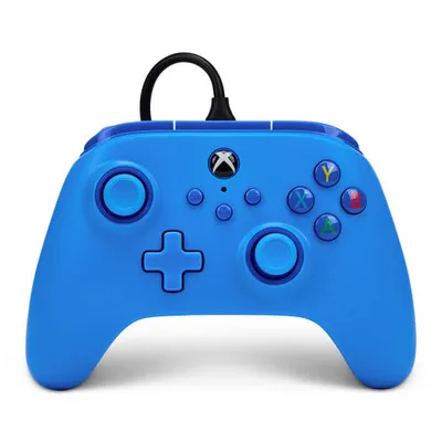 A blue Xbox controller is shown against a white background.