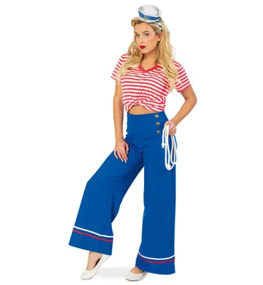 A woman is posing in a sailor-themed outfit.