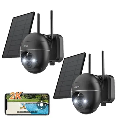 Image de Caméra de surveillance ieGeek 2K Wi-Fi pour l'extérieur, sans fil, solaire, PTZ 360°, batterie rechargeable, 2,4 GHz, vision nocturne couleur, détection PIR, lot de 2