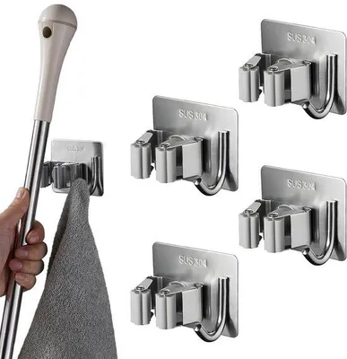 Image de Unyqoos® : Lot de 4 supports muraux en acier inoxydable auto-adhésifs (SUS304) pour balais et outils, avec ruban adhésif 3M, sans perçage, supportant jusqu'à 4,5 kg chacun, résistants à la rouille et à l'eau