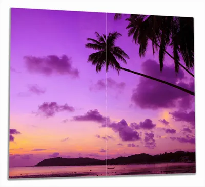 Produktbild von Wallario Herdabdeckplatte aus Glas, Größe 60 x 52 cm 2-teilig, Motiv Sonnenuntergang unter Palmen  Himmel in lila und orange