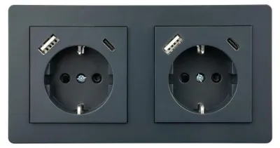 Obrázok produktu pre Zásuvka s ochranným kontaktom, dvojitá, s portami USB-C (25 W) a USB-A (18 W)