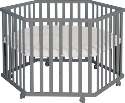 Produktbild von roba Laufgitter 6-eckig aus Holz anthrazit - Laufstall für Babys mobil mit Rollen & Schutzeinlage Greyish gesteppt - Schutzgitter höhenverstellbar