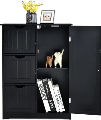 Image de COSTWAY Meuble de salle de bain, Meuble de rangement avec 3 tiroirs & 1 porte de placard, Meuble bas avec 3 positions de rangement réglable, Meuble d'appoint étroit pour salon, salle de bain (Noir)