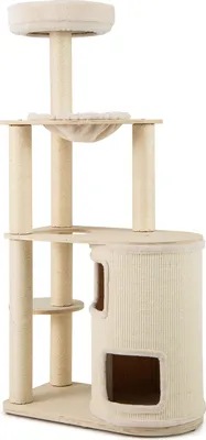A multi-level cat tree with scratching posts, a hammock, and a hideaway.