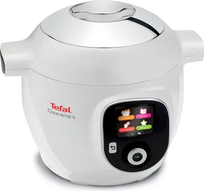 A white Tefal Cook4me+ smart multi-function pot is shown from a slightly elevated front-side angle against a white background. The pot has a digital display screen showing various icons and a circular control button below it. The lid has a shiny silver fin
