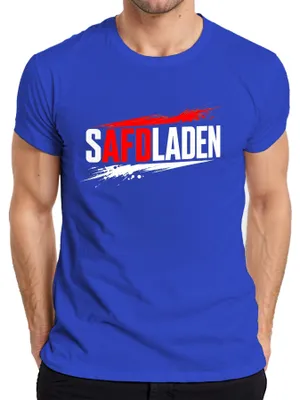 Obrázok produktu pre Tričko s nápisom "SAFDLADEN", kritika politiky strany AfD, satirický výrok, vtipné, sarkastické, pánske, modré, veľkosť S