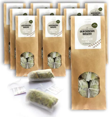 Produktbild von Delinio Bio Bergtee vom Olymp, Vorratspack mit 100 Teebeuteln je 2g handgefüllt, ganze Blüten, besonders ergiebig. SIDERITIS SCARDICA