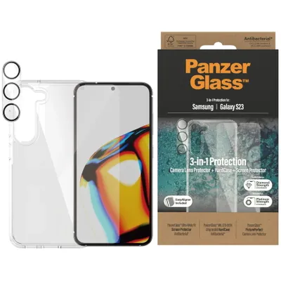 Obrázek produktu pro PanzerGlass ® 3-in-1 Bundle Samsung Galaxy S23, Samsung, Samsung - Galaxy S23, Aplikace nasucho, Odolné proti poškrábání, Odolný proti nárazům, Antibakteriální, Průhledná, 1 kusů