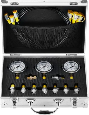 Immagine prodotto di Kit per prove di pressione idraulica, 250/400/600 bar, 3 manometri, 9 raccordi di prova, 3 tubi flessibili di prova, set di manometri per prove idrauliche su escavatori con valigetta di trasporto portatile per escavatori, trattori e macchine edili