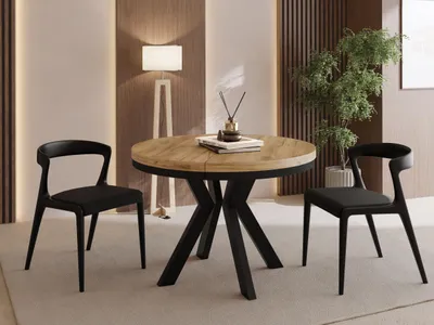 Produktbild von Runder Esstisch Ausziehbar 90-190 cm – Verlängerbar, für 5-9 Personen mit Schwarzen Holzbeinen & Metallring – Tisch für Wohnzimmer & Esszimmer in Eiche Braun